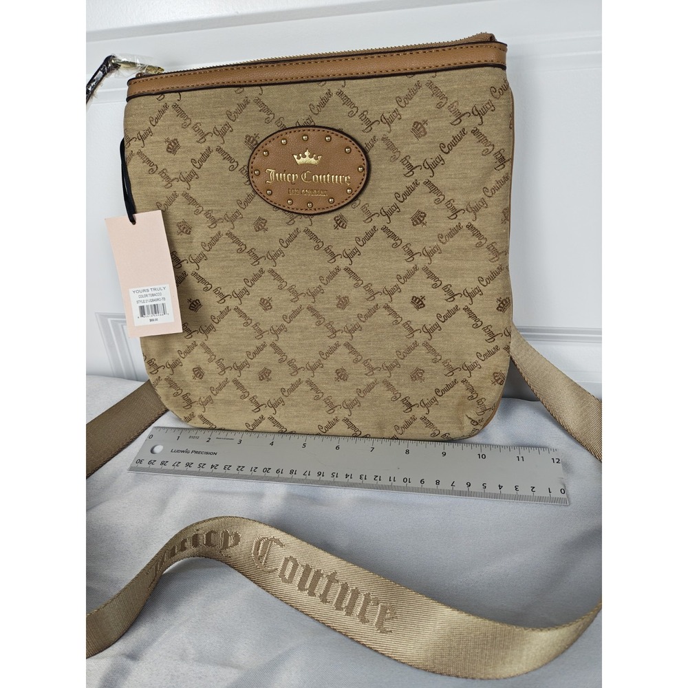 NWT Juicy Couture Yours Truly Tobacco Monogram Crossbody Bag Y2K Tan Gold Logo - Picture 5 of 11